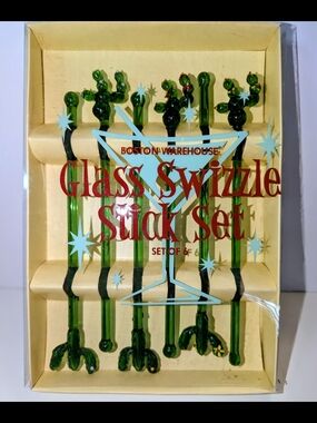 Boston Warehouse Glass Cactus Swizzle Stick Set (6) NEW